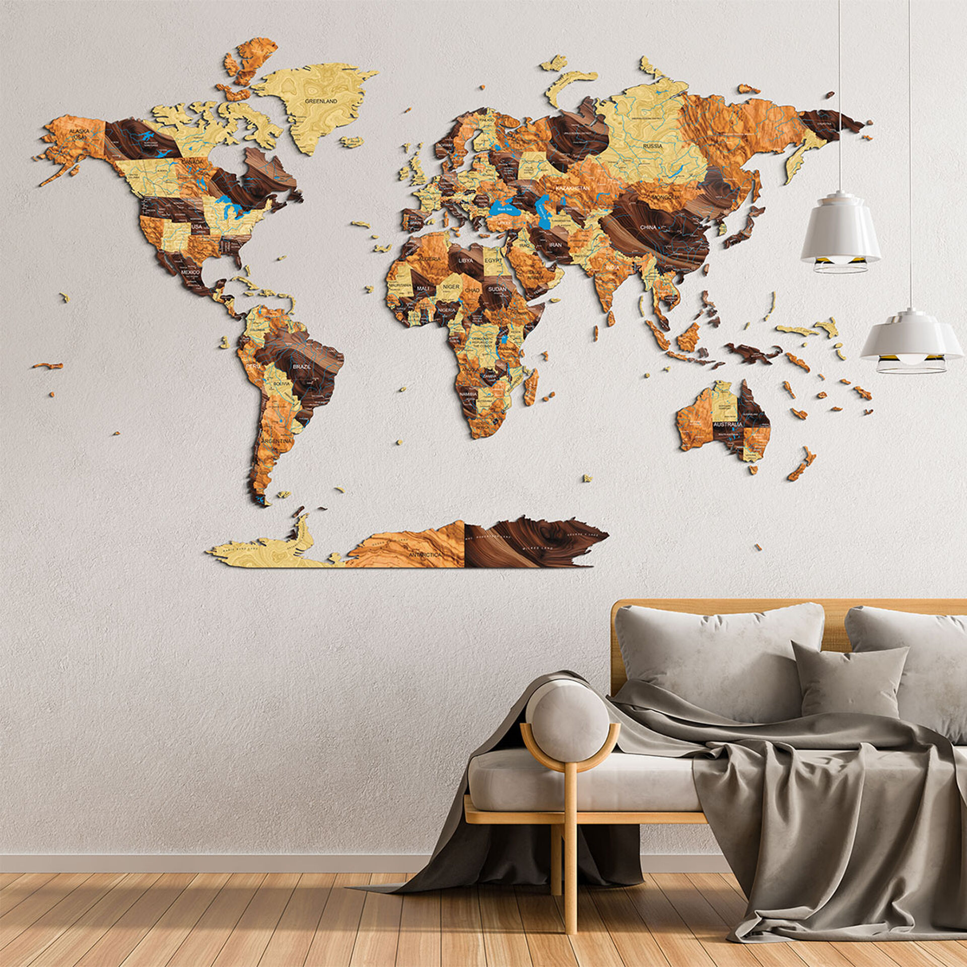Full colour 3D Wooden World Map